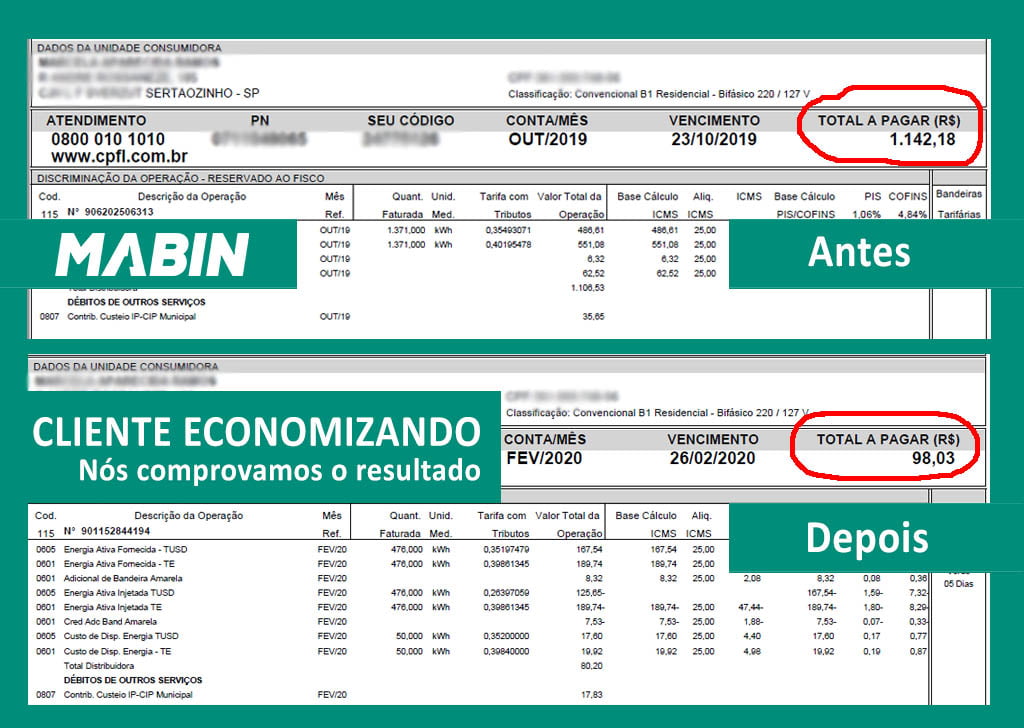 Energia Solar funciona? MABIN comprova resultados | Projeto Sertãozinho/SP | 10,05 kWp - Veja o antes e o depois da conta de energia de um cliente MABIN.