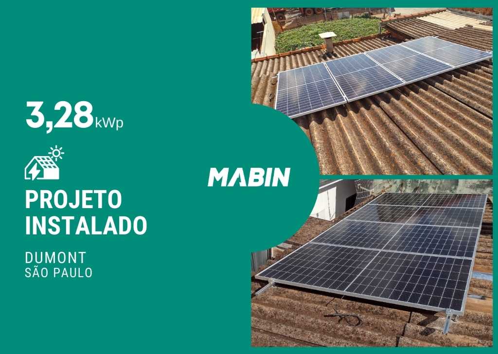 MABIN Projetos, energia solar entregue em Dumont/SP, projeto com capacidade instalada de 3,28kWp, 08 módulos 410W e 01 inversor 3kWp.