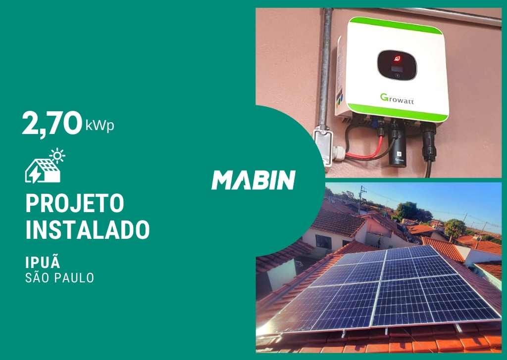 Energia solar em Ipuã/SP, Projeto realizado pela MABIN com capacidade instalada de 2,70kWp, 06 módulos 450W e 01 inversor 2,5kWp
