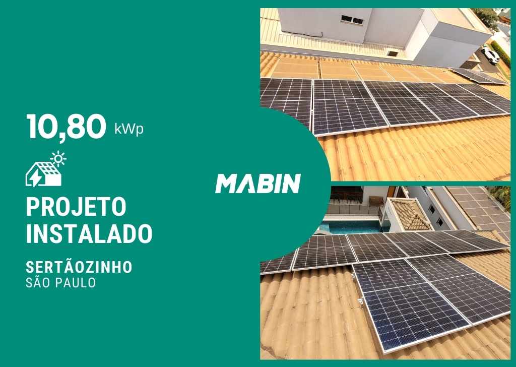 Projeto realizado pela MABIN Energia solar em Sertãozinho/SP, com capacidade instalada de 10,80kWp, 24 módulos 450W e 01 inversor 10kWp.