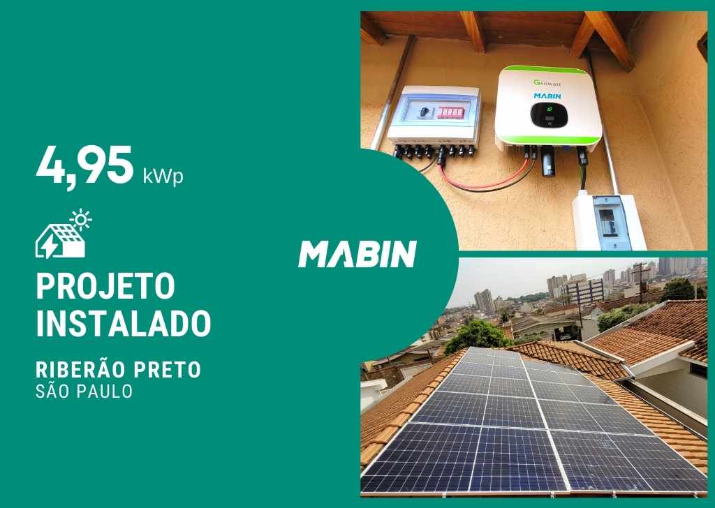 Projeto realizado pela MABIN Energia solar em Ribeirão Preto/SP, com capacidade instalada de 4,95kWp, 11 módulos 450W e 01 inversor 5kWp.