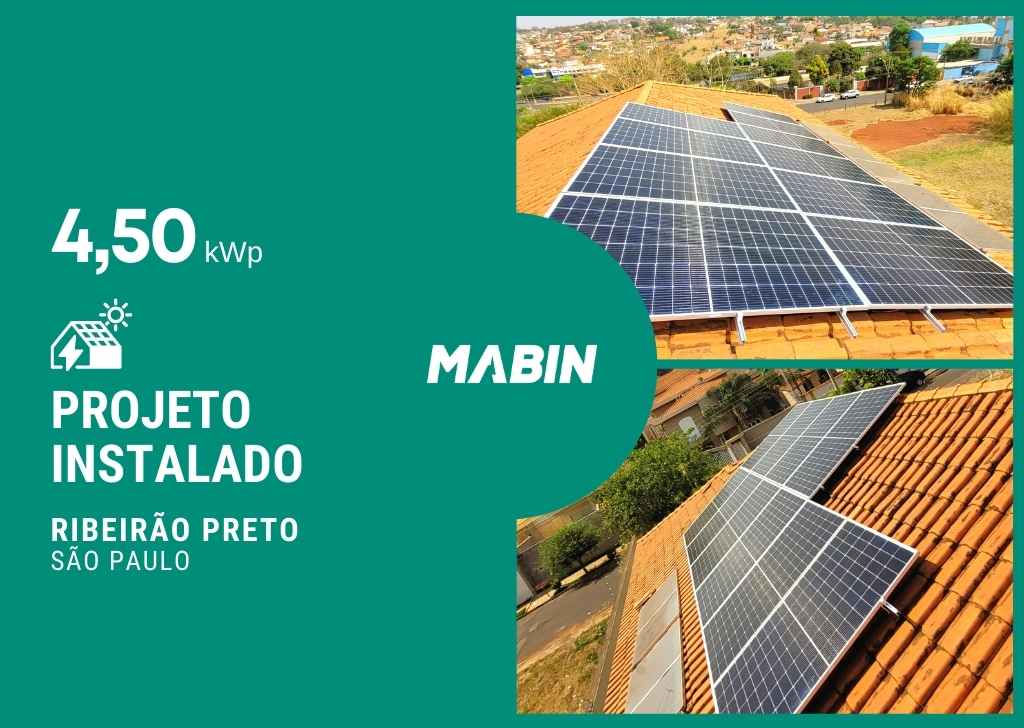 Projeto realizado pela MABIN Energia solar em Ribeirão Preto/SP, com capacidade instalada de 4,50kWp, 10 módulos 450W e 01 inversor 5kWp.