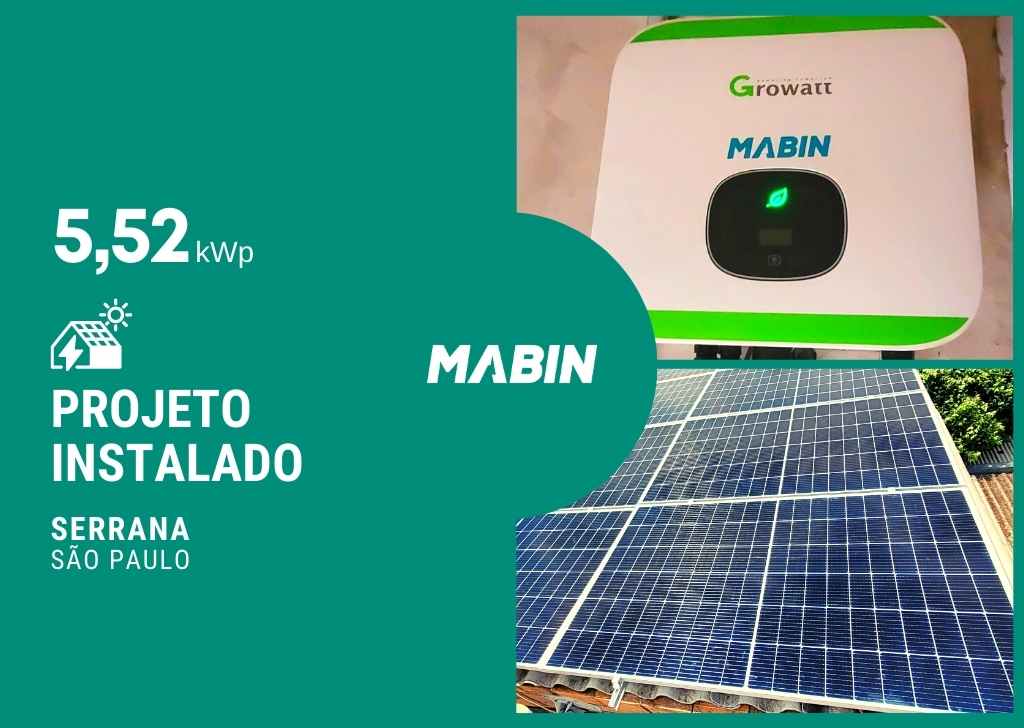 Projeto realizado pela MABIN Energia solar em Serrana/SP, com capacidade instalada de 5,52kWp, 12 módulos 460W e 01 inversor 6kWp.