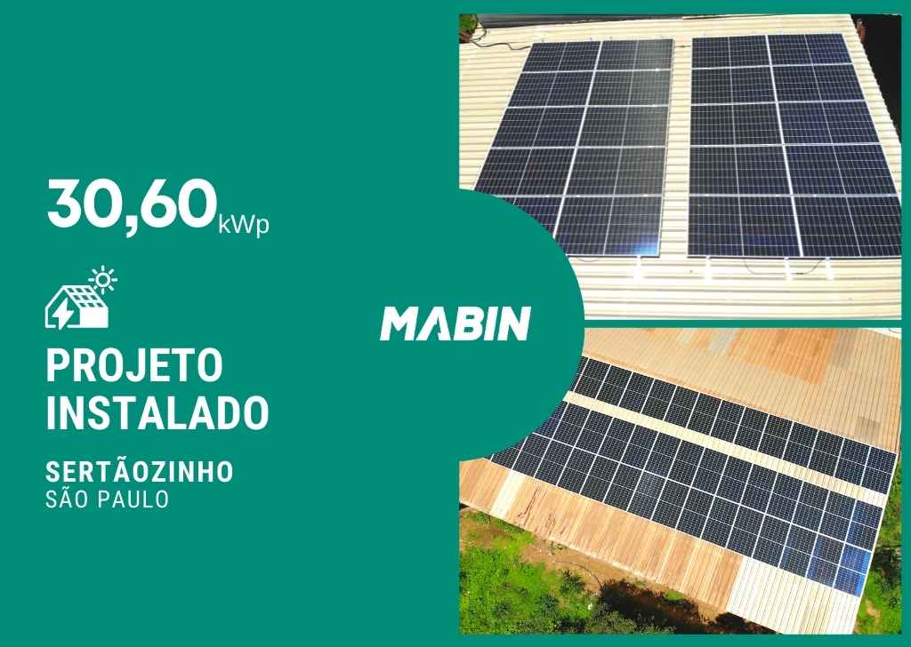 Projeto realizado pela MABIN Energia solar em Sertãozinho/SP, com capacidade instalada de 30,60kWp, 68 módulos 460W e 01 inversor 25kWp.