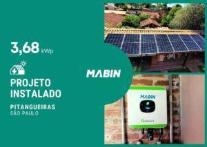 Projeto realizado pela MABIN Energia solar em Pitangueiras/SP, com capacidade instalada de 3,68kWp, 08 módulos 450W e 01 inversor 3kWp.