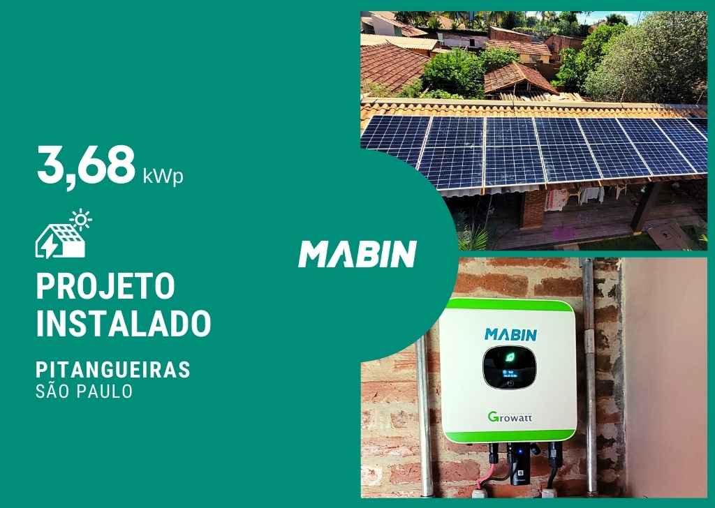 Projeto realizado pela MABIN Energia solar em Pitangueiras/SP, com capacidade instalada de 3,68kWp, 08 módulos 450W e 01 inversor 3kWp.
