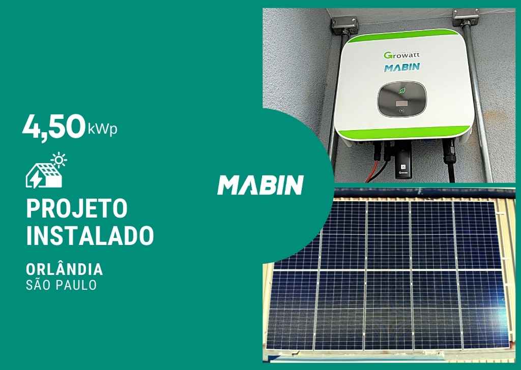 Projeto realizado pela MABIN Energia solar em Orlândia/SP, com capacidade instalada de 4,50kWp, 10 módulos 450W e 01 inversor 5kWp.
