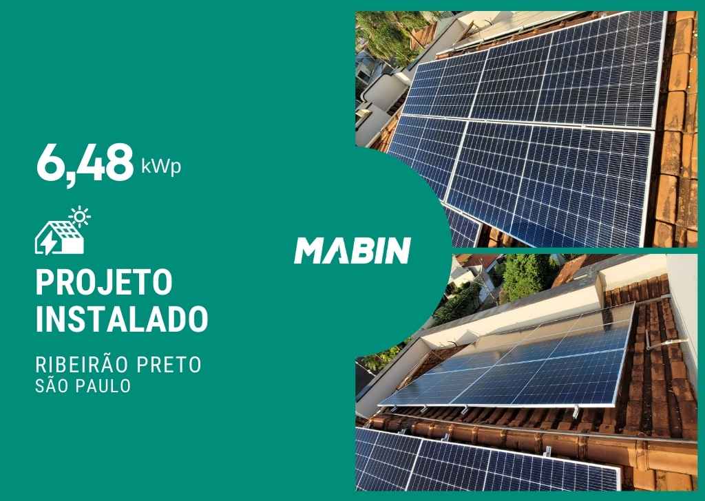 Projeto realizado pela MABIN Energia solar em Ribeirão Preto/SP, com capacidade instalada de 6,48kWp, 12 módulos 540W e 01 inversor 06kWp.