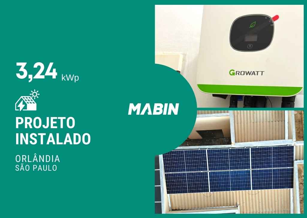 Projeto realizado pela MABIN Energia solar em Orlândia/SP, com capacidade instalada de 3,24kWp, 06 módulos 5400W e 01 inversor 3kWp.