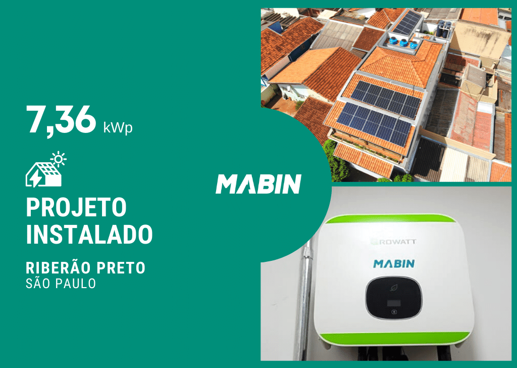 Projeto realizado pela MABIN Energia solar em Ribeirão Preto/SP, com capacidade instalada de 7,36kWp, 16 módulos 460W e 01 inversor 06kWp.