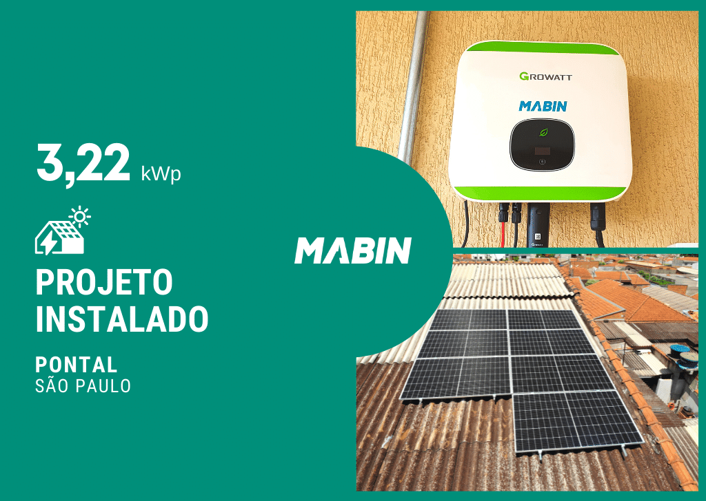 Projeto realizado pela MABIN Energia solar em Pontal/SP, com capacidade instalada de 3,22Wp, 07 módulos 460W e 01 inversor 05kWp.