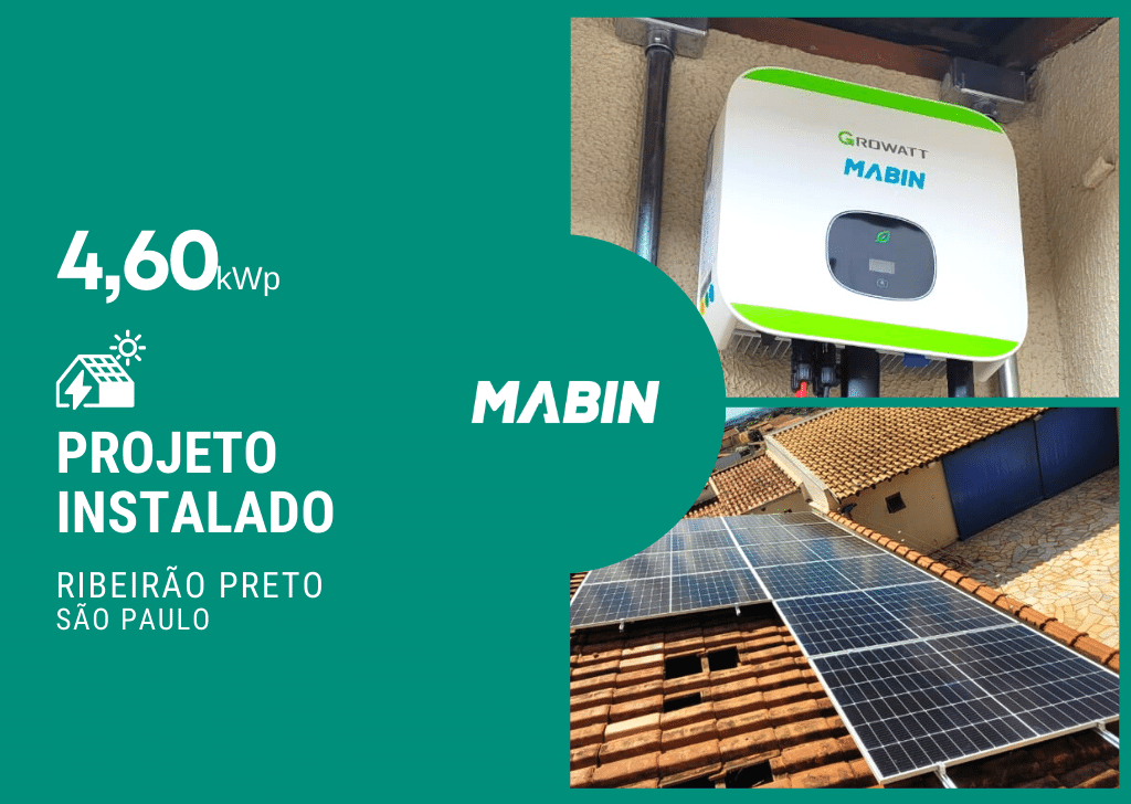 Projeto realizado pela MABIN Energia solar em Ribeirão Preto/SP, com capacidade instalada de 4,60kWp, 10 módulos 460W e 01 inversor 05kWp.