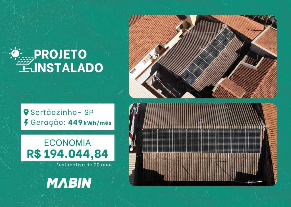 Projeto realizado pela MABIN Energia solar em Sertãozinho/SP, com capacidade instalada de 449kWp, 08 módulos 460W e 01 inversor 3kWp.