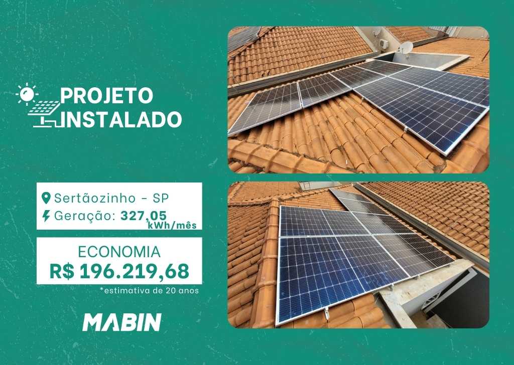 Projeto realizado pela MABIN Energia solar em Sertãozinho/SP, com capacidade instalada de 2,76kWp, 06 módulos 460W e 01 inversor de 3kWp.