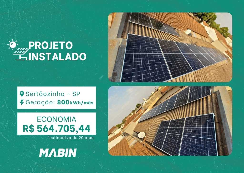 Projeto realizado pela MABIN Energia Solar em Sertãozinho/SP, com capacidade instalada de 6,90kWp, 15 módulos 460W e 01 inversor de 6kWp.