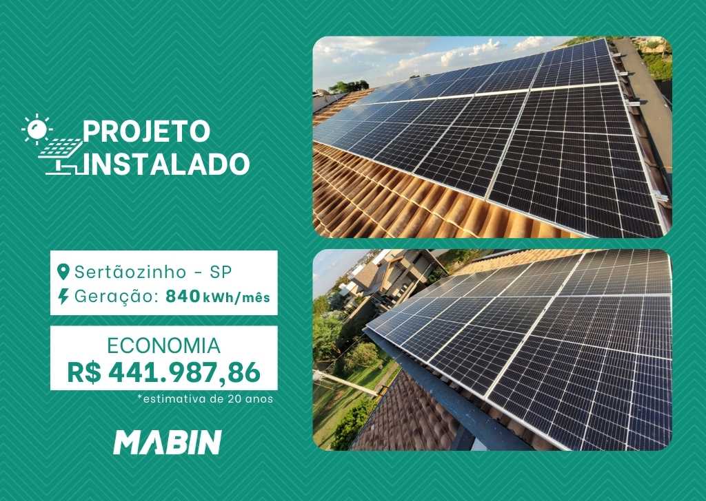 Projeto realizado pela MABIN Energia Solar em Sertãozinho/SP, com capacidade instalada de 7,36kWp, 16 módulos 460W e 01 inversor de 6kWp.