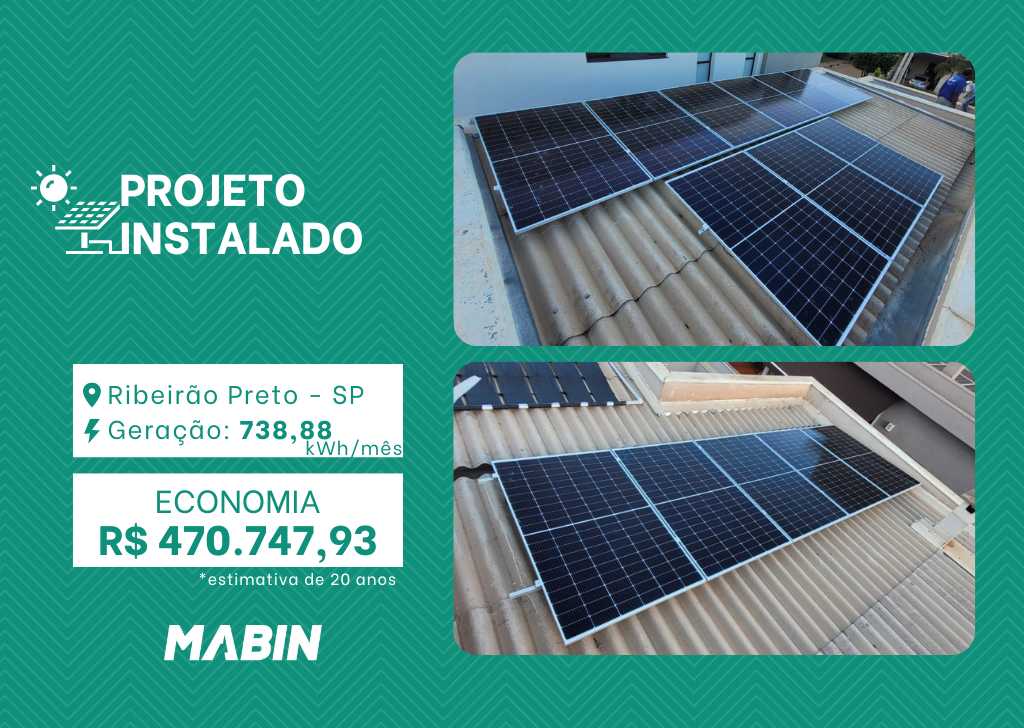 Projeto realizado pela MABIN Energia Solar em Ribeirão Preto/SP, com capacidade instalada de 6,44kWp, 14 módulos 460W e 01 inversor de 6kWp.