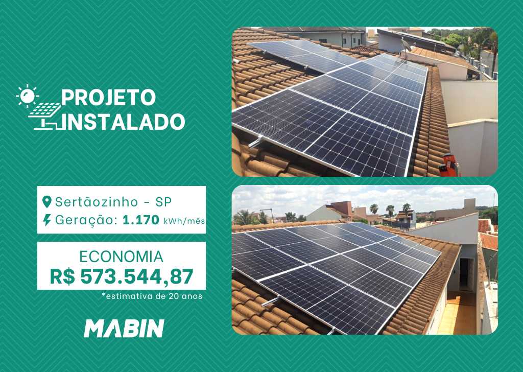 Projeto realizado pela MABIN Energia Solar em Sertãozinho/SP, com capacidade instalada de 9,66kWp, 21 módulos 460W e 01 inversor de 8kWp.