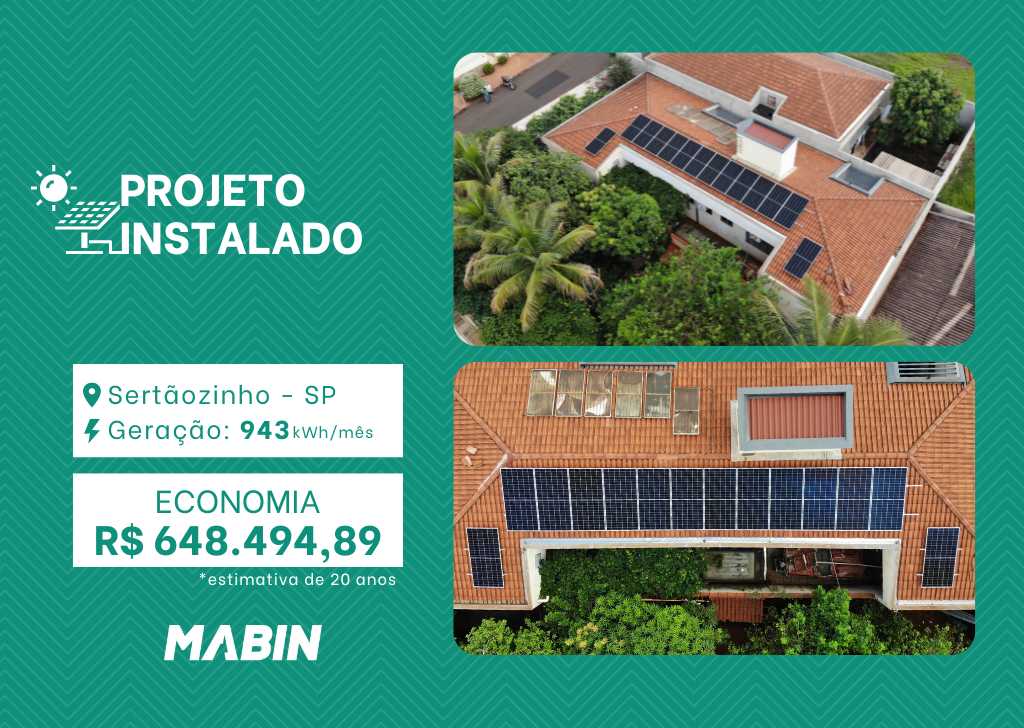 Projeto realizado pela MABIN Energia Solar em Sertãozinho/SP, com capacidade instalada de 7,91kWp, 14 módulos 565W e 01 inversor de 8kWp.