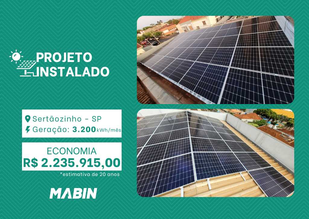 Projeto realizado pela MABIN Energia Solar em Sertãozinho/SP, com capacidade instalada de 27,60kWp, 60 módulos 460W e 01 inversor de 20kWp.