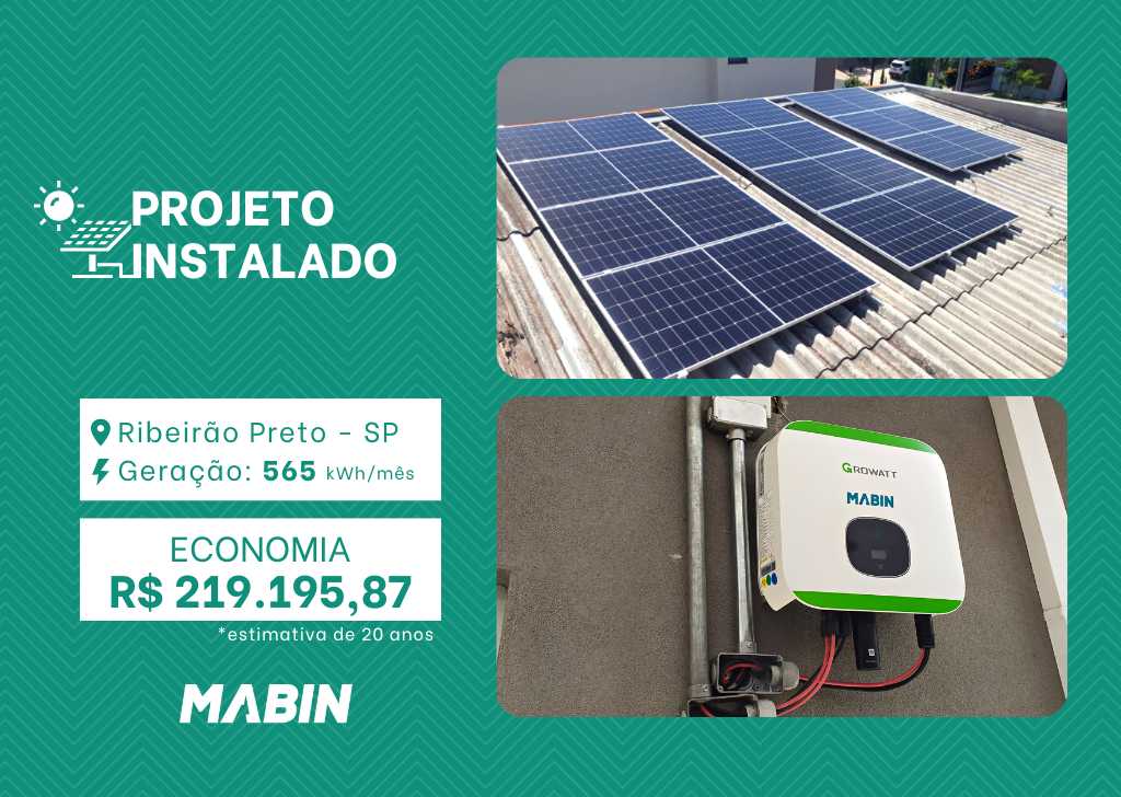 Projeto realizado pela MABIN Energia Solar em Ribeirão Preto/SP, com capacidade instalada de 5,06kWp, 11 módulos 460W e 01 inversor de 5kWp.