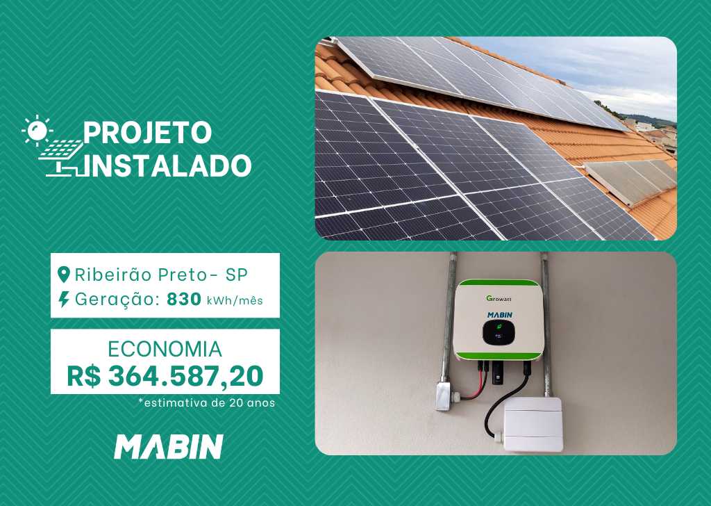 Projeto realizado pela MABIN Energia Solar em Ribeirão Preto/SP, com capacidade instalada de 6,90kWp, 15 módulos 460W e 01 inversor de 6kWp.