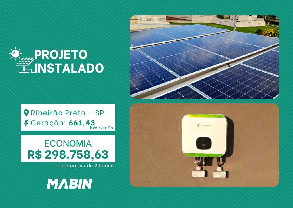 Projeto realizado pela MABIN Energia Solar em Ribeirão Preto/SP, com capacidade instalada de 5,52kWp, 12 módulos 460W e 1 inversor Growatt 5kWp.