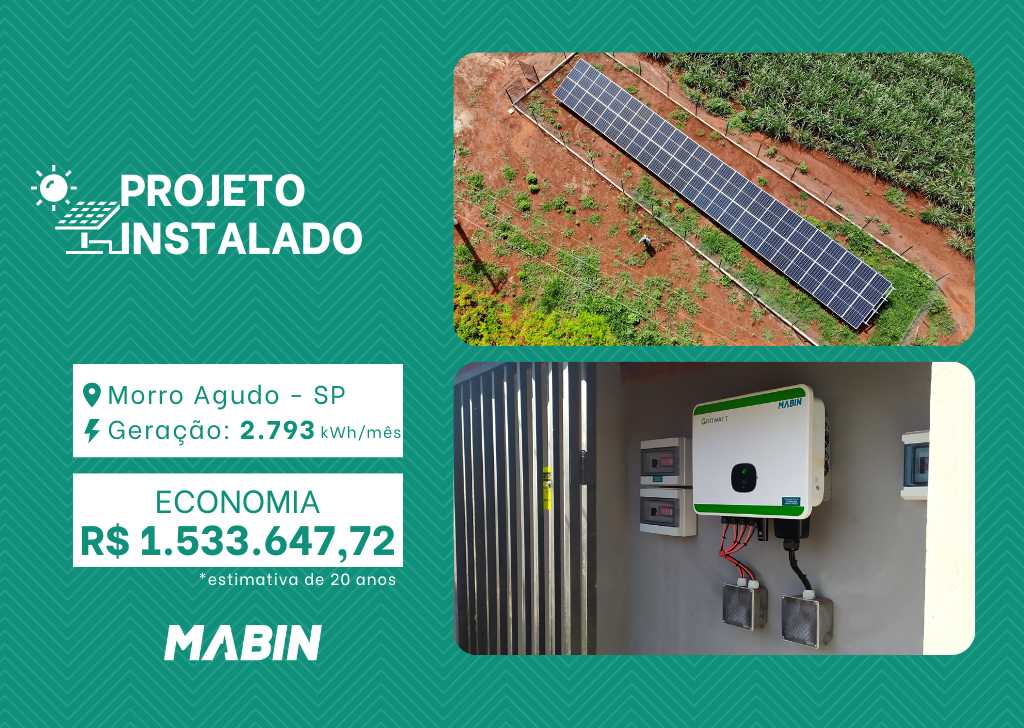Projeto realizado pela MABIN Energia Solar em Morro Agudo/SP, com capacidade instalada de 23kWp, 50 módulos 460W e 01 inversor de 20kWp.
