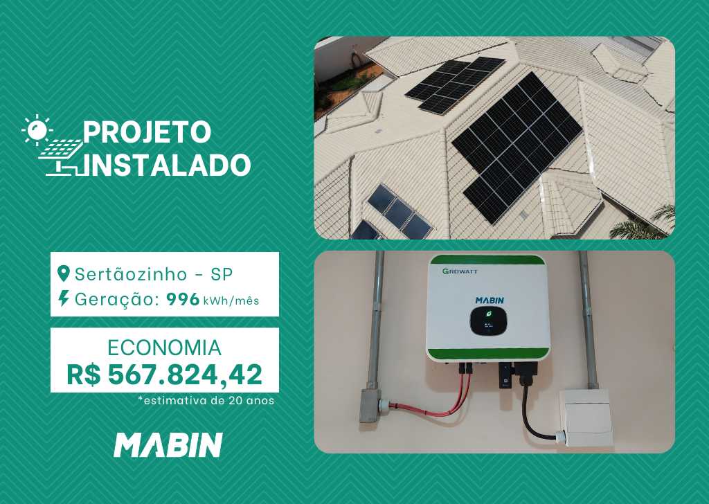 Projeto realizado pela MABIN Energia Solar em Sertãozinho/SP, com capacidade instalada de 8,46kWp, 18 módulos 470W e 01 inversor de 10kWp.