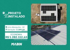 Projeto realizado pela MABIN Energia Solar em Júlio Mesquita/SP, com capacidade instalada de 18,60kWp, 40 módulos 465W e 01 inversor de 15kWp.
