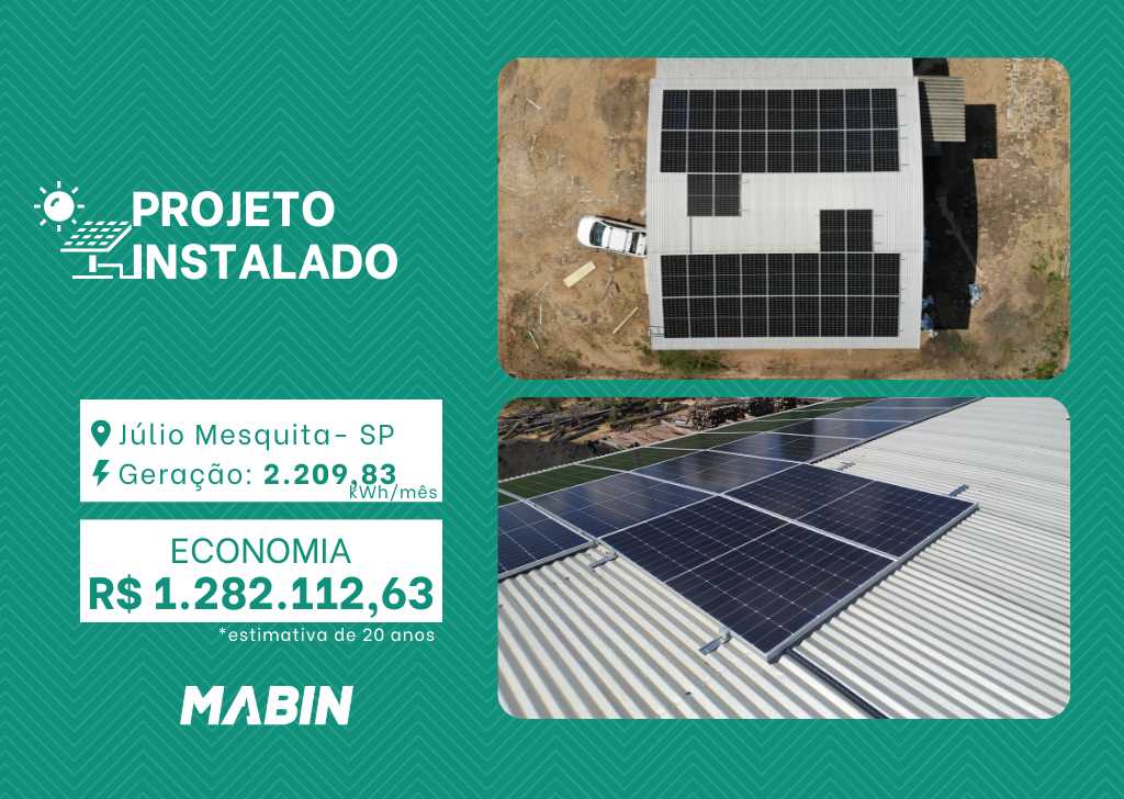 Projeto realizado pela MABIN Energia Solar em Júlio Mesquita/SP, com capacidade instalada de 18,60kWp, 40 módulos 465W e 01 inversor de 15kWp.