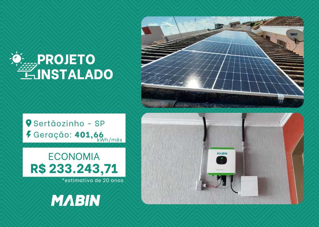 Projeto realizado pela MABIN Energia Solar em Sertãozinho/SP, com capacidade instalada de 3,29kWp, 07 módulos 470W e 01 inversor de 3kWp.