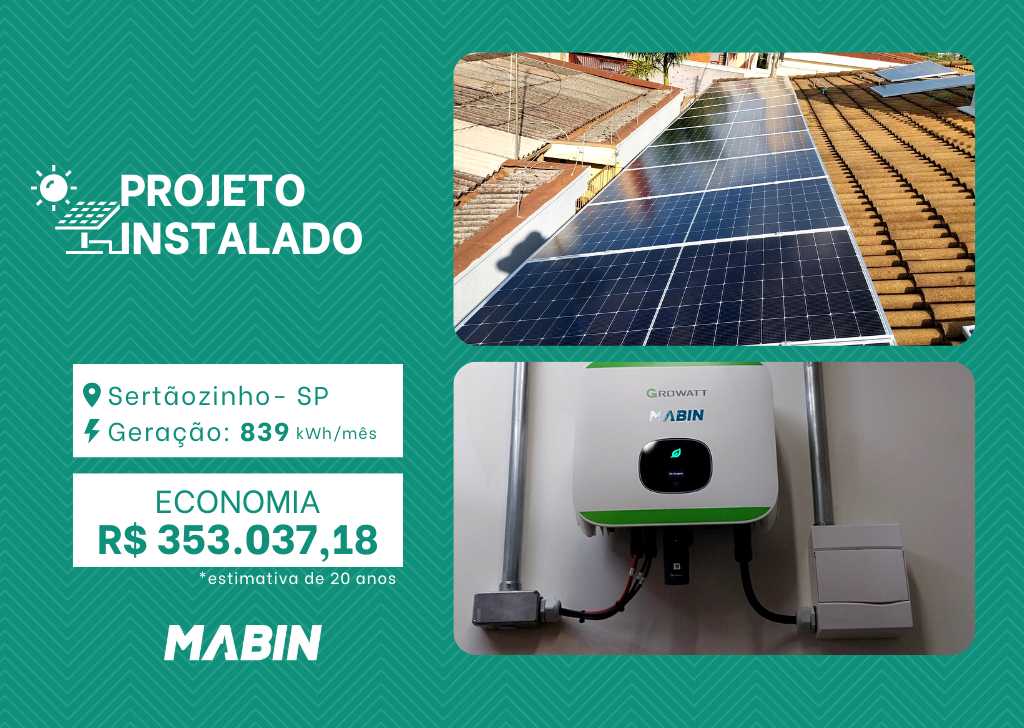 Projeto realizado pela MABIN Energia Solar em Sertãozinho/SP, com capacidade instalada de 7,05kWp, 15 módulos 470W e 01 inversor de 6kWp.