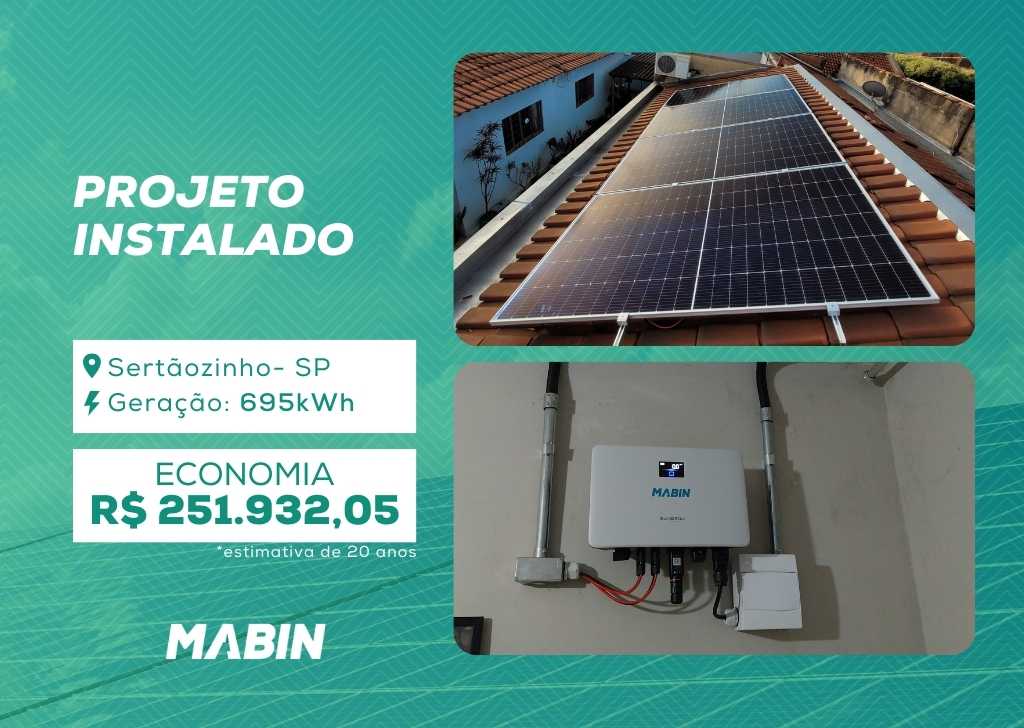 Projeto realizado pela MABIN Energia Solar em Sertãozinho/SP, com capacidade instalada de 6,66kWp, 12 módulos 555W e 01 inversor de 5kWp.