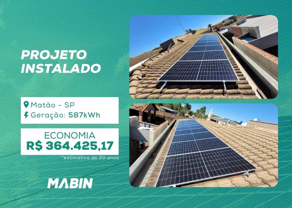 Projeto realizado pela MABIN Energia Solar em Matão/SP, com capacidade instalada de 4,99kWp, 09 módulos 555W e 01 inversor de 5kWp.