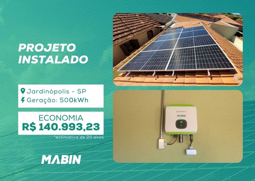 Projeto realizado pela MABIN Energia Solar em Jardinópolis/SP, com capacidade instalada de 4,23kWp, 09 módulos 470W e 01 inversor de 5kWp.