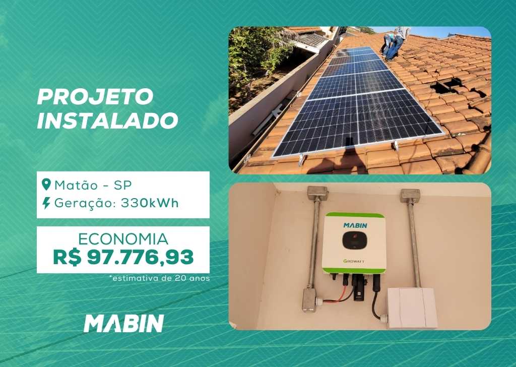 Projeto realizado pela MABIN Energia Solar em Matão/SP, com capacidade instalada de 2,82kWp, 06 módulos 470W e 01 inversor de 3kWp.