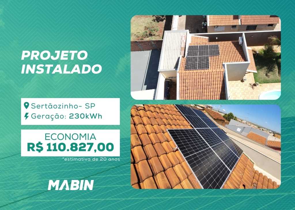 Projeto realizado pela MABIN Energia Solar em Sertãozinho/SP, com capacidade instalada de 2,35kWp, 05 módulos 470W e 01 inversor de 2kWp.