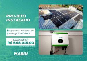 Projeto realizado pela MABIN Energia Solar em Águas de Santa Bárbara/SP, com capacidade instalada de 9,4kWp, 20 módulos 470W e 01 inversor de 8kWp.