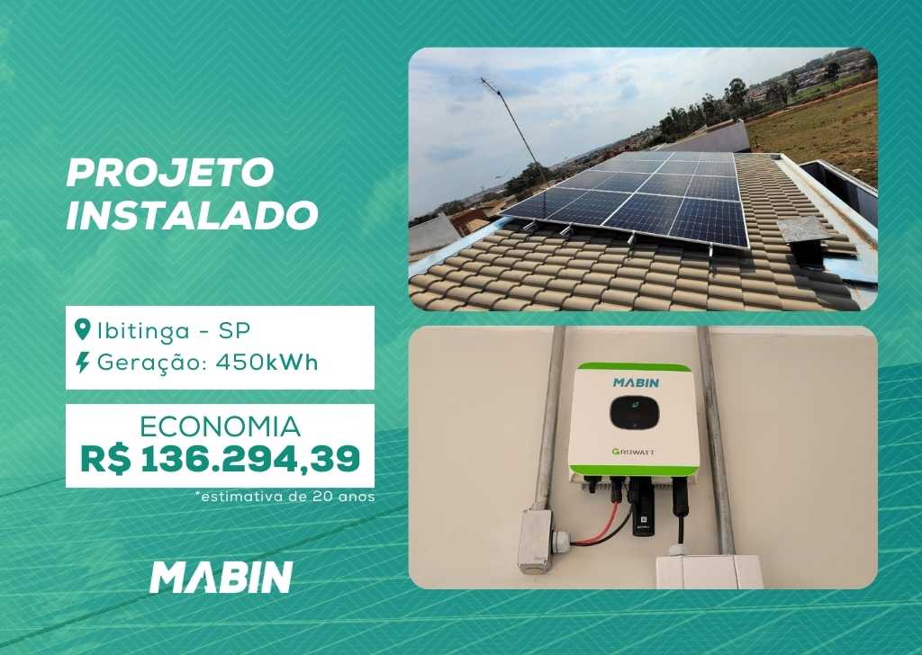 Projeto realizado pela MABIN Energia Solar em Ibitinga/SP, com capacidade instalada de 3,76kWp, 08 módulos 470W e 01 inversor de 3kWp.
