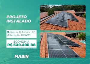 Projeto realizado pela MABIN em Águas de Santa Bárbara /SP, com capacidade instalada de 8,46kWp, 18 módulos 470W e 01 inversor 8kW.