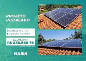Projeto realizado pela MABIN Energia Solar em Sertãozinho/SP, com capacidade instalada de 3,76kWp, 08 módulos 470W e 01 inversor 5kW.