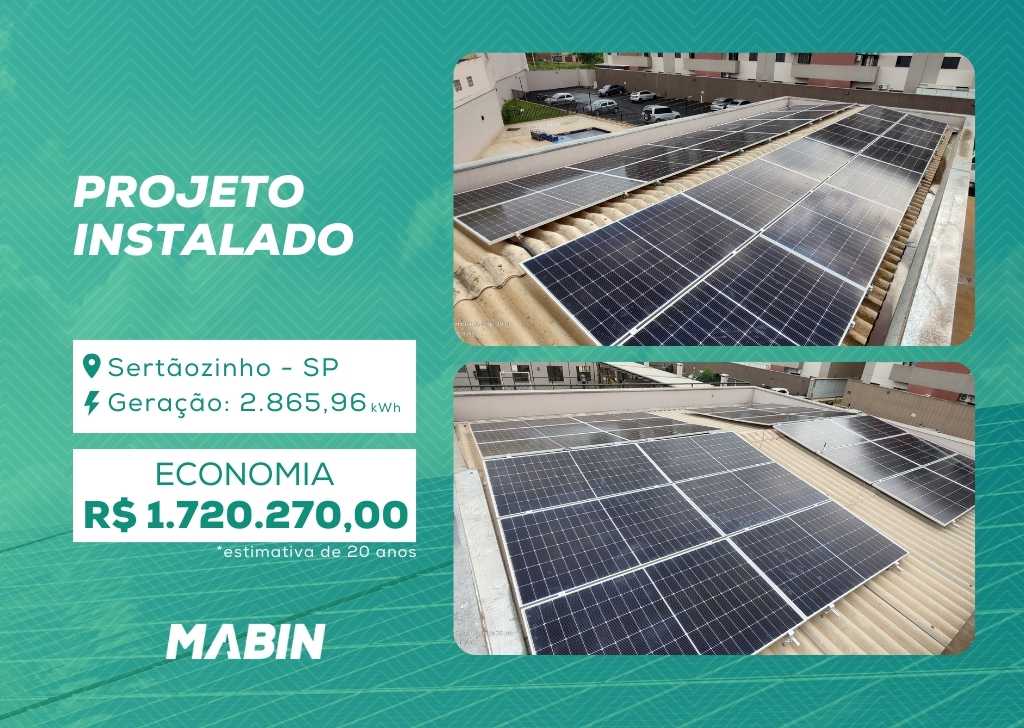 Projeto realizado pela MABIN Energia Solar em Sertãozinho/SP, com capacidade instalada de 25,38 kWp, 54 módulos 470 W e 2 inversores (10 kW + 8 kW).