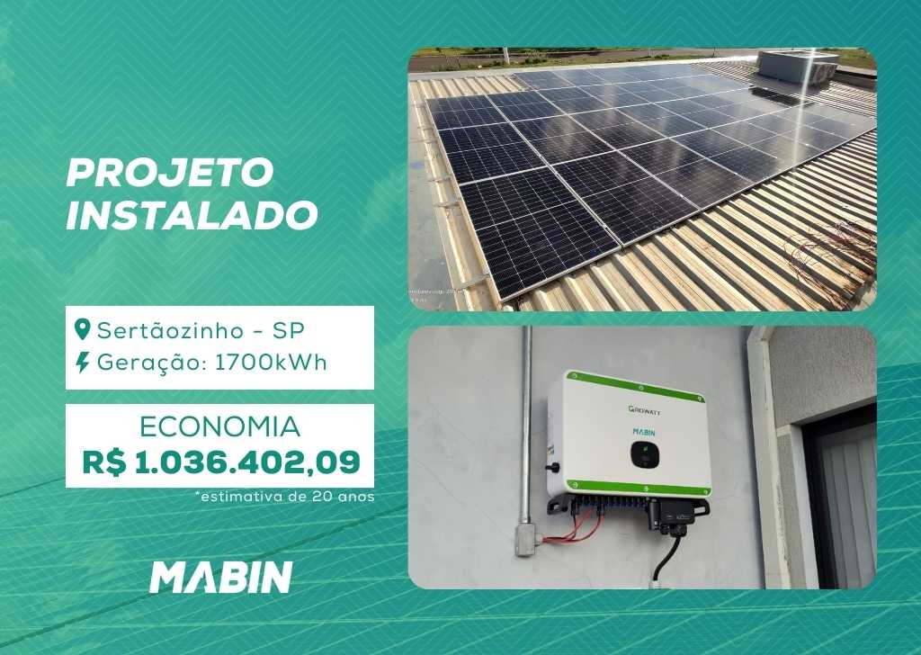 Projeto realizado pela MABIN Energia Solar em Sertãozinho/SP, com capacidade instalada de 14,10kWp, 30 módulos 470W e 01 inversor 25kW.