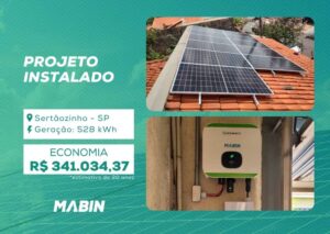 Projeto realizado pela MABIN Energia Solar em Sertãozinho/SP, com capacidade instalada de 5,17 kWp, 11 módulos 470 W e 1 inversor 6 kW.