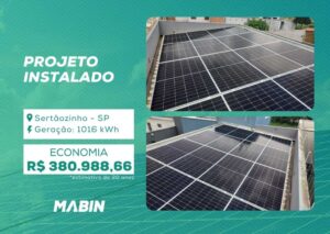Projeto realizado pela MABIN Energia Solar em Sertãozinho/SP, com capacidade instalada de 9,40 kWp, 20 módulos 470 W e 1 inversor 8 kW.