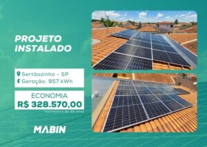 Projeto realizado pela MABIN Energia Solar em Sertãozinho/SP, com capacidade instalada de 7,99 kWp, 17 módulos 470 W e 1 inversor 6 kW.