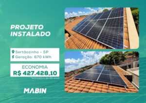 Projeto realizado pela MABIN Energia Solar em Sertãozinho/SP, com capacidade instalada de 5,64 kWp, 12 módulos 470 W e 1 inversor 5 kW.