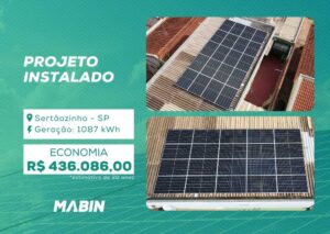 Projeto realizado pela MABIN Energia Solar em Sertãozinho/SP, com capacidade instalada de 9,4 kWp, 20 módulos 470 W e 1 inversor 8 kW.