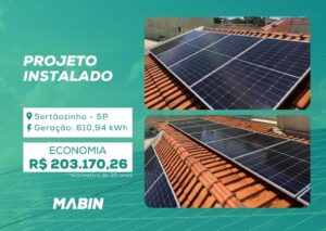 Projeto realizado pela MABIN Energia Solar em Sertãozinho/SP, com capacidade instalada de 5,64 kWp, 12 módulos 470 W e 1 inversor 5 kW.